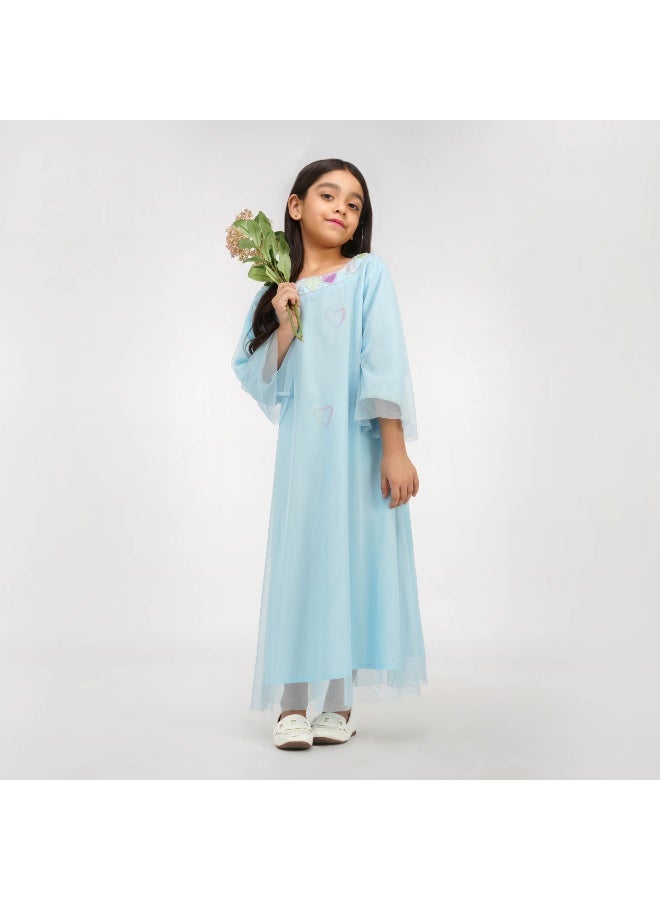 Linelle Soft Blue with Heart Motifs, Round Neck in Rayon-Tulle Blend kids jalabiya - Image 1